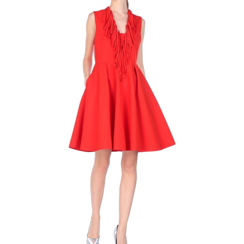 MSGM red fringed v-neck flared dress